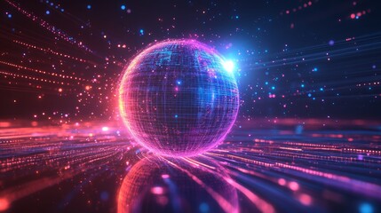 Glowing digital earth globe with neon light trails, global communication, data transfer, internet connection, worldwide technology, virtual network, international trade and futuristic cyber world.