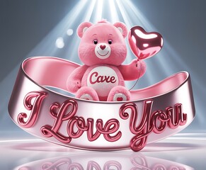 Adorable Pink Care Bear Holding Heart Balloon in I Love You Rocking Cradle teddy bear