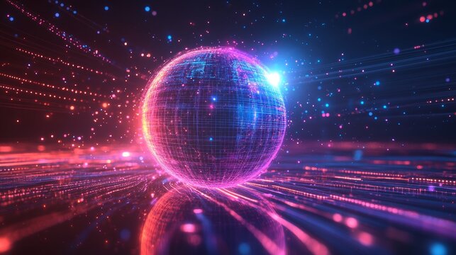 Glowing digital earth globe with neon light trails, global communication, data transfer, internet connection, worldwide technology, virtual network, international trade and futuristic cyber world.