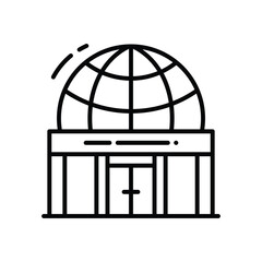 A black and white icon depicts a building with a globe on top The building has a boxlike structure pillars and a door