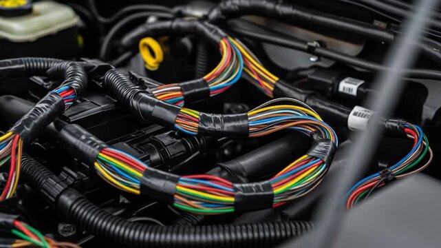 Close up of a complex car engine wiring harness with colorful wires.