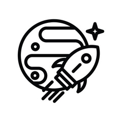 A black and white icon depicts a rocket ship launching from a planet with star