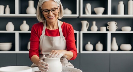 Happy Senior Woman Crafts Pottery on Wheel in Studio with Shelves of Ceramics
