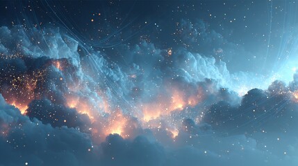 Abstract background with glowing orange particles, ethereal blue clouds, and dynamic light trails, depicting digital energy, network connections, and cosmic phenomena.