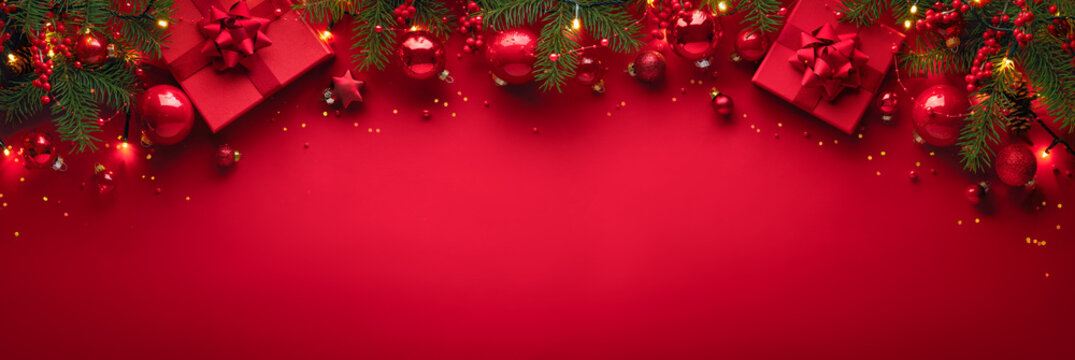 Merry Christmas banner with red gift boxes, tree branches and decorations - Powered by Adobe