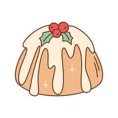 Steamed christmas pudding or bundt cake with white icing and holly berries. Traditional winter dessert.