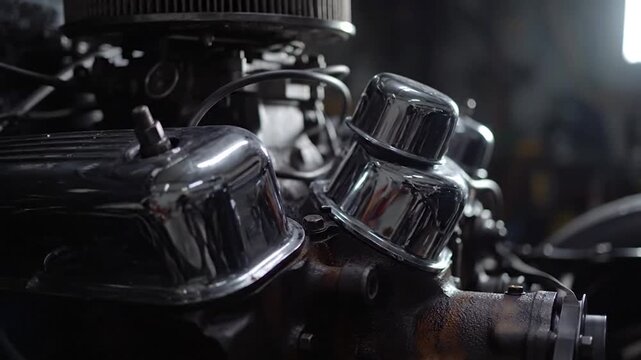 Close up of a powerful V8 engine with chrome details.