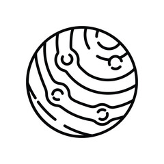 A black planet illustration with parallel horizontal bands and crescent shapes