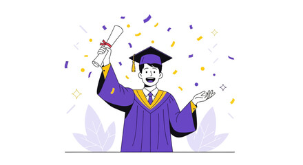 Illustration of a graduate celebrating his achievement with a graduation cap and gown