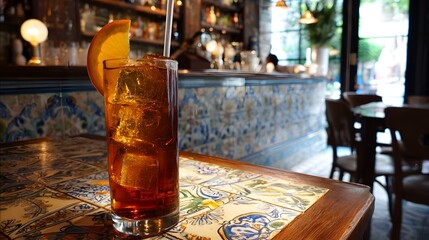 Refreshing Iced Tea with Orange Garnish on Sunlit Tiled Table