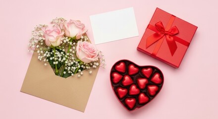 Fototapeta premium Arrangement of roses in an envelope with chocolates and a gift box on a pink surface