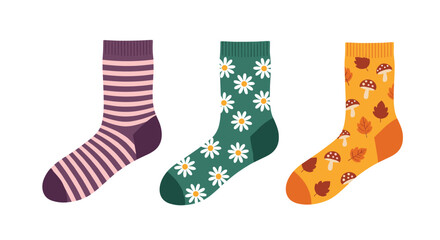 A collection of three cozy and colorful socks featuring unique patterns for everyday wear.