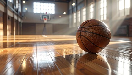 Basketball on Wooden Court Floor in Indoor Gymnasium with Sunbeams and Hoop Background