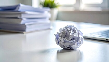 Crumpled Paper Ball on Office Desk with Stack of Documents and Laptop Background