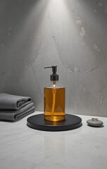 Elegant amber soap dispenser with towels and decorative stones on marble