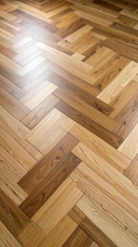 Close up of Wooden Floorboards installed in Herringbone pattern with natural light creating subtle shadows on a surface