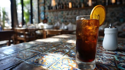 Refreshing Iced Tea with Orange Garnish on Sunlit Tiled Table