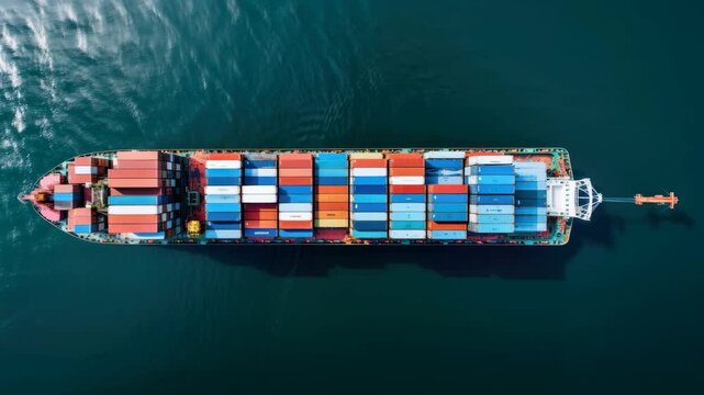 Aerial view of a cargo ship at sea, showcasing colorful containers. The top-down angle gives a cinematic video feel, emphasizing scale and symmetry.