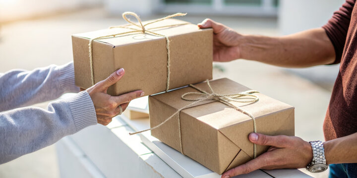 Two people exchanging brown paper wrapped packages tied with string showing generation of rent and gift giving concept