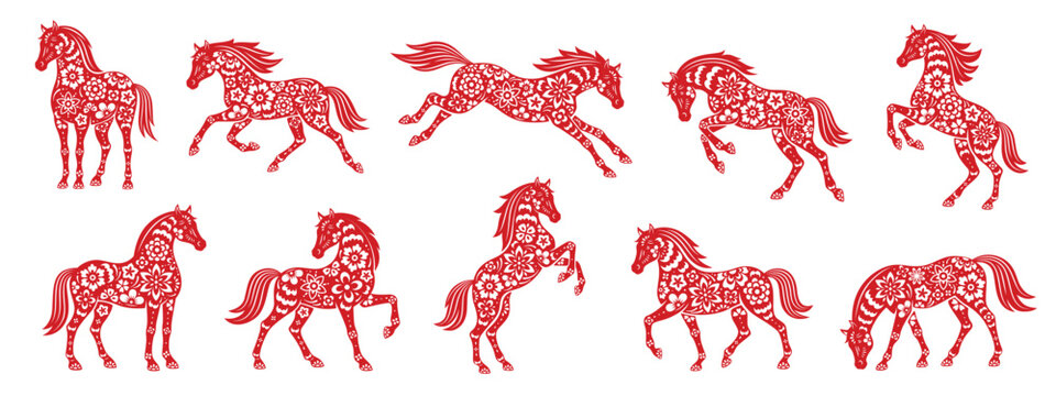 Red Floral Horse Silhouettes of Chinese Zodiac Year. Chinese New Year Horses Template.