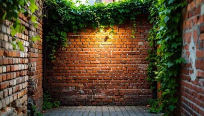 Atmospheric Red Brick Wall Background with Climbing Green Ivy and Warm Spotlight in Alleyway