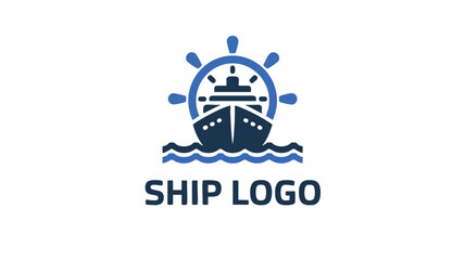 Fototapeta premium Maritime ship steering wheel emblem with waves and ship icon for nautical businesses
