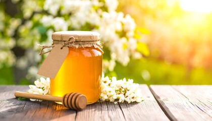 Jar of Fresh Acacia Honey and Dipper on Wooden Table with Beautiful Spring Flowers and Bright Sunlight