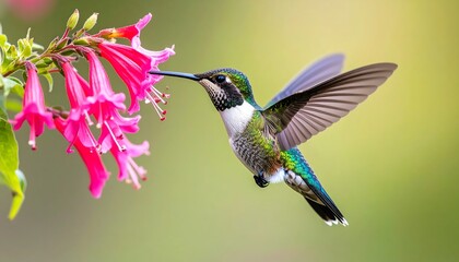 Colorful Hummingbird in Flight Feeding Nectar from Bright Pink Trumpet Flowers in Nature