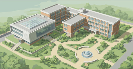 Fototapeta premium Modern school campus design with fountain, landscaping and contemporary architecture, perfect for educational promotions, university branding, or campus life visuals