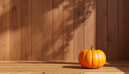 Single Classic Orange Pumpkin on Rustic Wooden Table with Sunlight and Vertical Wood Panel Background