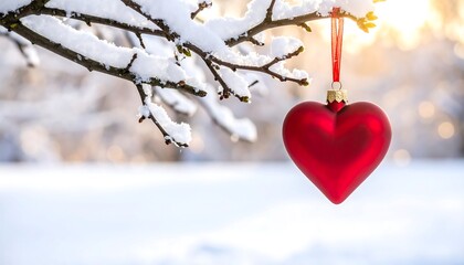 Red Heart Ornament Hanging from Snow-Covered Tree Branch in Winter Forest with Bokeh Background