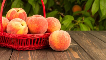 Fresh Ripe Peaches in a Red Wicker Basket on Dark Wooden Table with Green Foliage Background