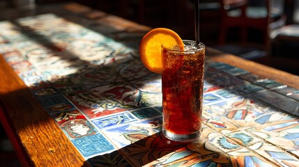 Refreshing Iced Tea with Orange Garnish on Sunlit Tiled Table