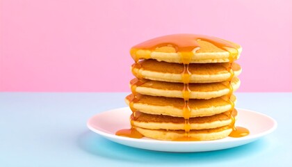 Stack of Golden Pancakes Drizzled with Maple Syrup on a Plate with Pink and Blue Background