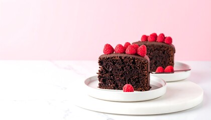 Two Slices of Rich Dark Chocolate Cake Topped with Fresh Red Raspberries on a Minimal Pink Background