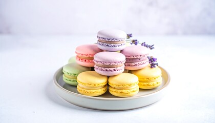 Colorful Assortment of French Macaron Cookies Stacked on a Plate with Lavender Sprig
