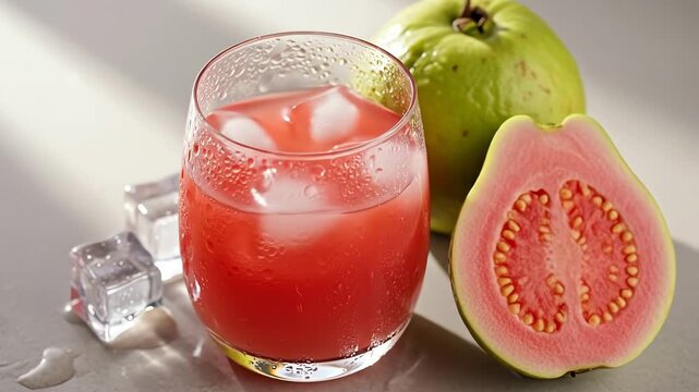 Pouring Cold Pink Guava Juice into Glass with Ice and Fruit