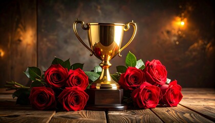 Golden Trophy Cup Surrounded by Vibrant Red Roses on Rustic Wooden Table