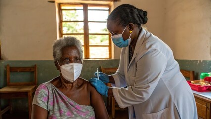 Vaccine Equity Global Concept. Vaccination scene with a healthcare worker and elderly woman in a clinic.