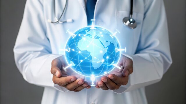 Vaccine Equity Global Concept. Hands holding a glowing globe representing health and global care.
