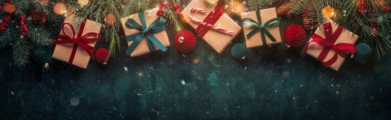 Dark blue Christmas background with gift boxes and fir branches.Merry Christmas.Happy new year banner
