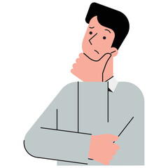 Pensive Man with Hand on Chin in Light Gray Shirt on Transparent Background