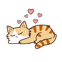 cat sleeping on a black surface with hearts- hand drawn