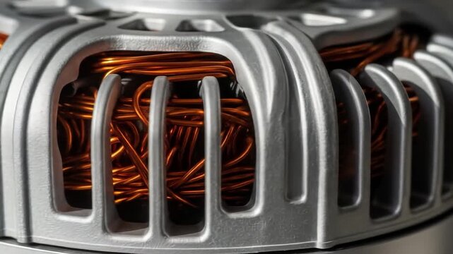 Close-up of Electric Motor Stator Windings and Casing.