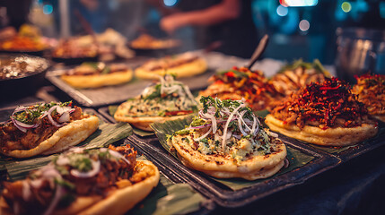 Close-up of colorful vegan street food served at a night festival 