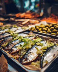 Fresh Herring Displayed with Garnish in Ultra Realistic Food Photography at Local Market