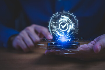 Cybersecurity verification and data protection concept showing a digital check mark on a smartphone, symbolizing secure access, and modern technology for online privacy and trusted digital systems.