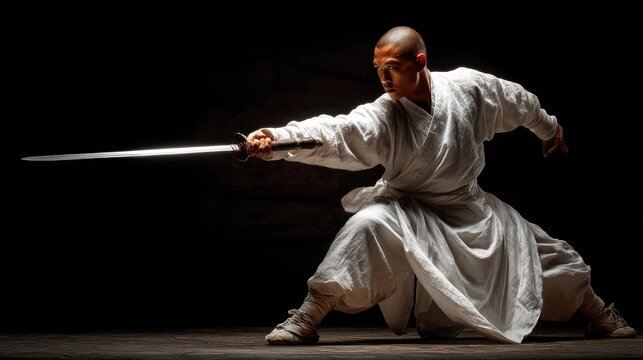 A cloaked figure in a martial arts stance, wielding a sword in a dimly lit environment
