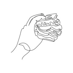 continuous line of people holding delicious sandwich fast food or junk food sketch drawing editable stroke concept for cafe, restaurant, and food shop. vector illustration