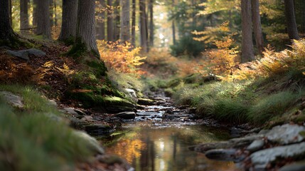 Obraz premium Tranquil Stream Flowing Through Autumn Forest with Colorful Foliage and Reflections in Water